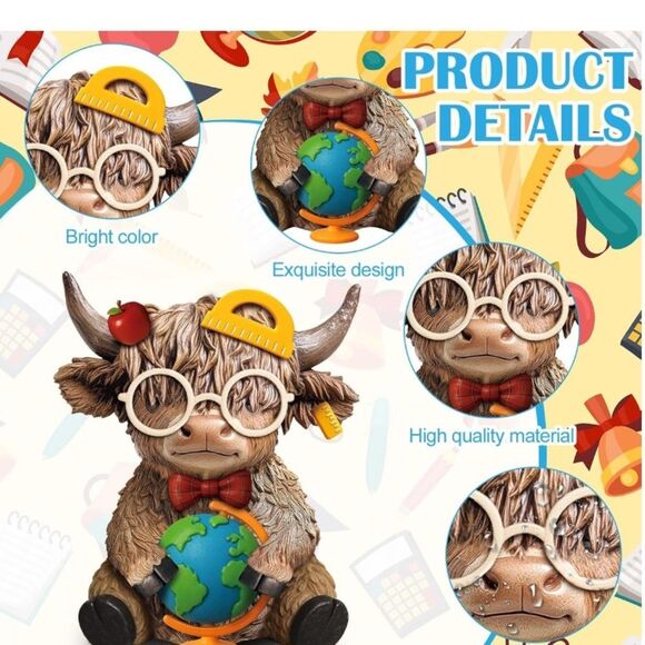 Rare 💎Highland Cow Figurines Back to School Classroom Highland Cow - Picture 4 of 5